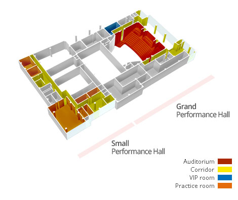 3rd floor - Red:Auditorium, Yellow:Corridor, Blue:VIP room, Orange:Practice room