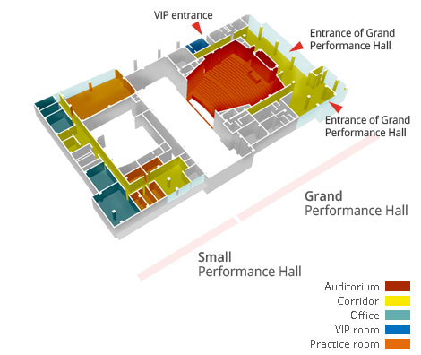 2nd floor - Red:Auditorium,Yellow:Corridor, Sky:Office, Blue:VIP room, Orange:Practice room