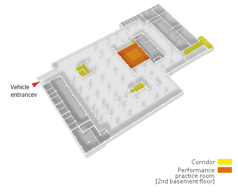1st basement floor, 2nd basement floor - Yellow:Corridor, Orange:Performance practice room (2nd basement floor)